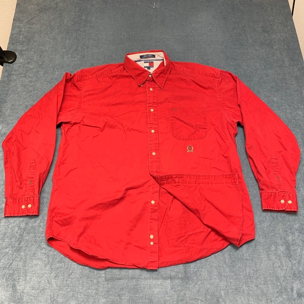 Tommy Hilfiger Shirt Mens XL Red Cotton Everyday Wear Classic Travel Button Down